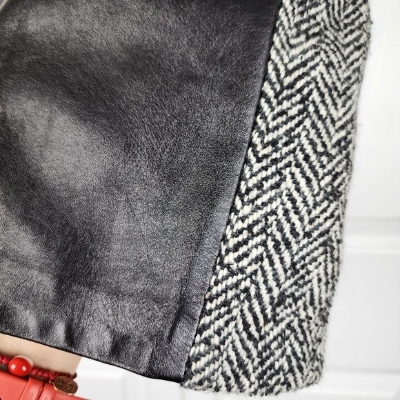 Vintage Laundry By Shelli Segal Leather Wool Pencil Skirt Black Herringbone 6 - Picture 6 of 15